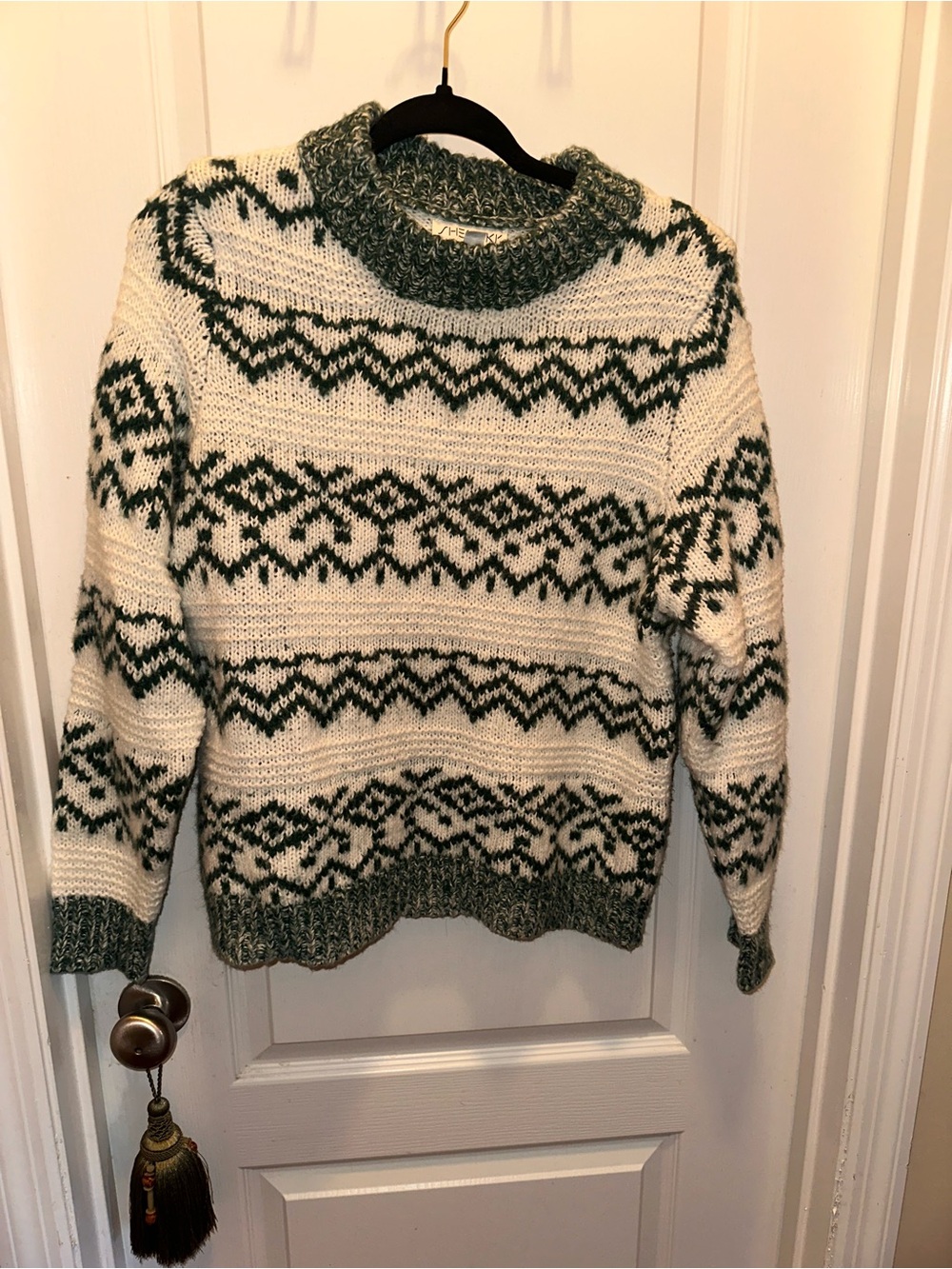 She + Sky Cream & Green Fair Isle Turtleneck Sweater
